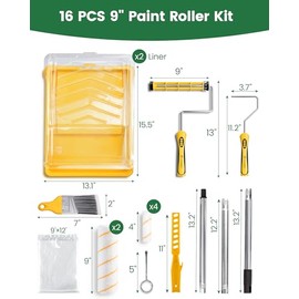 VOOMEY Paint Roller Kit with Extension Pole - 9 Inch Paint Roller with Tray, Mini Paint Roller 4 inch, Small Paint Brush, 16 Piece Complete Painting Tool Set Suitable for House & Wall Painting