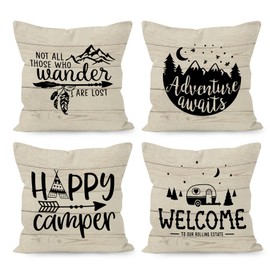 HUYAW Happy Camper Camping Welcome Decorative Throw Pillow Covers, Adventure Awaits Pillow Cases Set of 4, 18 x 18 Inch Home RV Decor
