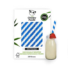 The Cheeky Panda Bamboo Paper Bubble Tea Straws | 250 Blue Striped Wide Drinking Straws | For Boba Tea, Milkshakes and Smoothies