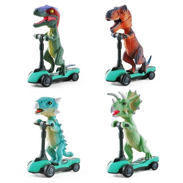 DINOBROS Dinosaur Scooter Toys Pull Back Cars Mini Finger Kick Scooters Boy Toy Age 3 4 5 6, Dino Gift Sets for Kids 4-Pack