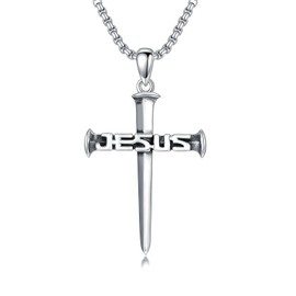 SIMONLY Three Nail Cross Necklace for Men 925 Sterling Silver Nail Cross Pendant Necklace 22+2 inch Chain Nails Jesus Cross Pendant Christian Jewelry for Dad, Medium, Sterling Silver, No Gemstone