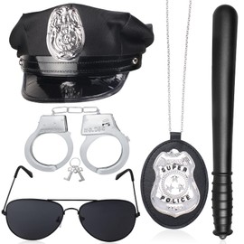 Beelittle Police Costume Accessories Hat Handcuffs Policeman Badge Cop Swat FBI Cosplay (Black 6)