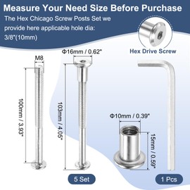 sourcing map Hex Drive Socket Cap Bolt, 5 Set Binding Screw Posts Fit for 3/8"(8mm) Hole Dia Male M8 x 100mm Carbon Steel Binding Bolts with Hex Wrench for Leather Scrapbook Furniture