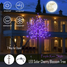 LED Solar Lighted Cherry Blossom Tree,6Ft Light up Cherry Tree Outdoor with 200 Crystal Flower Detachable for Pathway Porch Yard Patio Garden Decor Holiday Decorations Christmas Easter Purple Glow