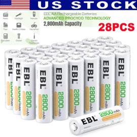 EBL 28x Rechargeable AA Batteries 2800mAh Ni-MH Precharged Double A Battery