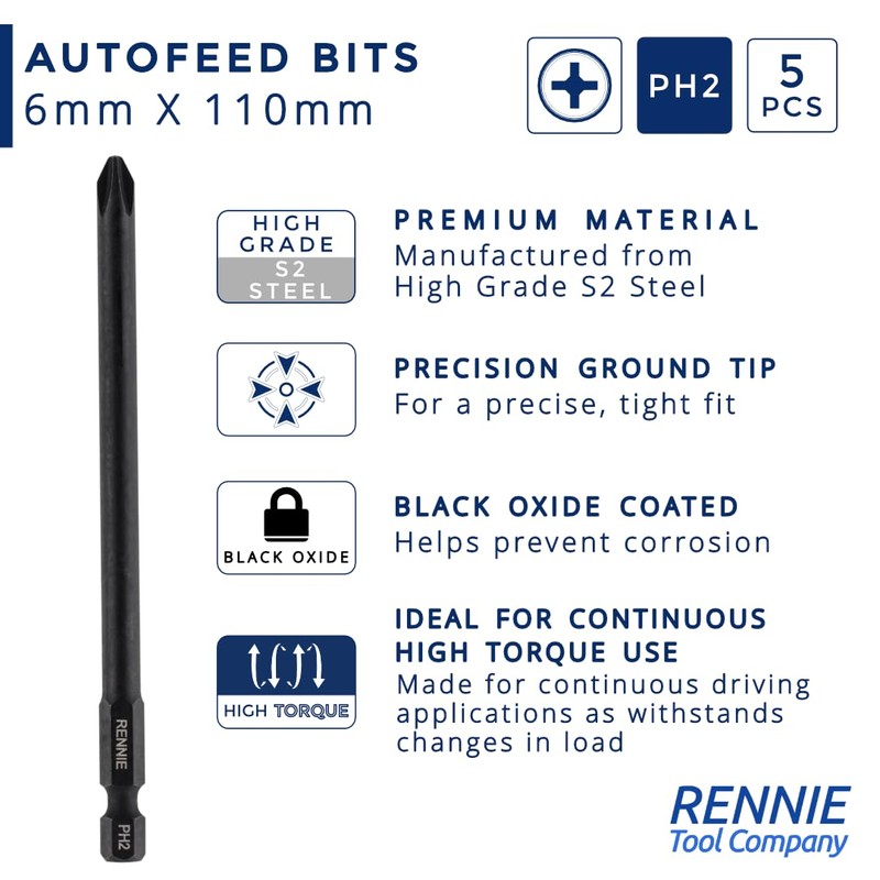 5 x Rennie Tools 110mm Long PH2 Compatible with Makita