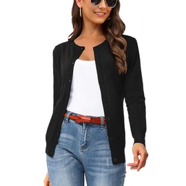 Veryoung Women's Lightweight Button Down Long Sleeve Crewneck Cardigan Sweater Black, M