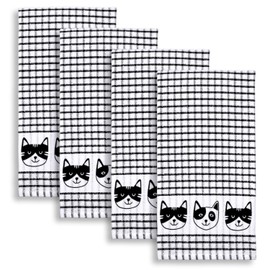 Cackleberry Home Cat Faces Windowpane Check Cotton Terrycloth Kitchen Towels, Set of 4 (Black)