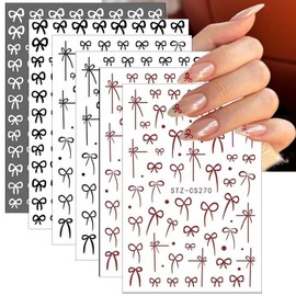 6 Sheets Bow Tie Nail Art Stickers - Black White Red Ultra-Thin Transfer Tape Slider Decals for Simple Cute Nail Design - DIY Nail Decoration Manicure Accessories for Women