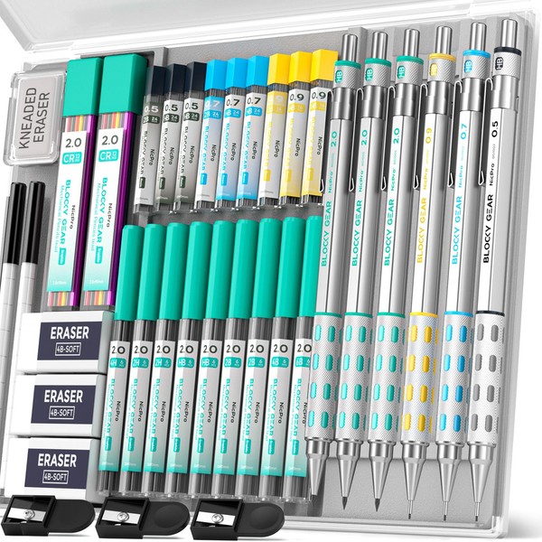 Nicpro Blocky Gear Art Mechanical Pencil Set with Case, 36PCS