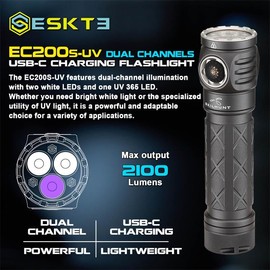 EC200S-UV 2100 lumens White and UV 365nm USB-C Rechargeable Powerful Aluminum Flashlight - Lightweight, Compact Mini Pocket light Camping Hiking Running Waterproof Outdoor (Cool White 6500K, Grey)