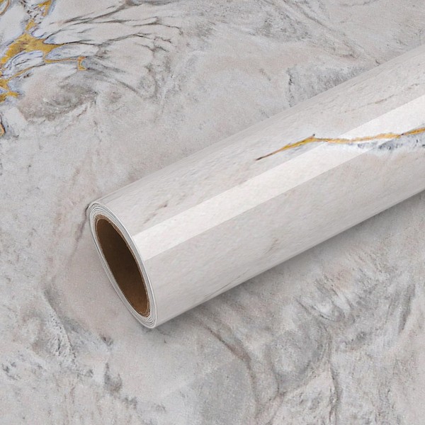 VEELIKE Glossy Cream Gold Marble Contact Paper for Countertops Peel