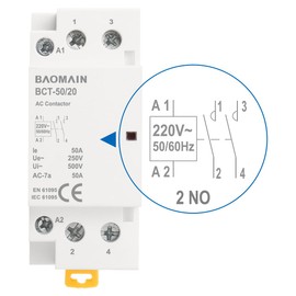 Baomain 220V AC 2-Pole Modular Contactor, 50A 2NO Normally Open, DIN Rail Mount for HVAC, Motor, Pump & Lighting Control BCT-50/20-220VAC