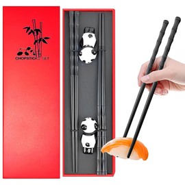 Guyode Chopsticks for Eating, Chopsticks with 2 Panda Chopsticks Holder, Reusable Chopsticks, Black Chinese Sticks, Bamboo Shape Chopsticks, Non-Slip, Gift for Panda Lovers
