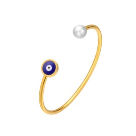 KunBead Gold Blue Evil Eye Simulated Pearl Birthday Bracelet Stainless Steel Love Bangle Cuff Jewelry Bracelets for Women