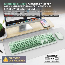 FOPETT Wireless Keyboard and Mouse Combo, 104 Keys Full-Sized 2.4 GHz Round Keycap Colorful Keyboards, USB Receiver Plug and Play, for Windows, Mac, PC, Laptop, Desktop (GradientGreen)