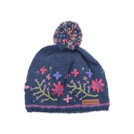 Pachamama Women Wool Beanie Bobble Hat Fleece Lined Hand Embroidered Floral Blue Multicoloured One-Size Handmade Extra Warm Fair Trade