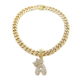 CBC Crown Mens Hip Hop Gold King Crown Alphabet Initial Bubble Letter Pendant 18"/20" Box Lock Miami Cuban Chain Necklace (Gold - 20" A)