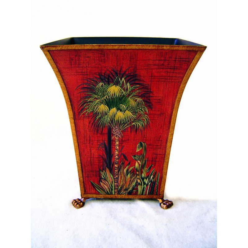 11" Hand Painted Tole Wastebasket Bin Container & Orchid Planter
