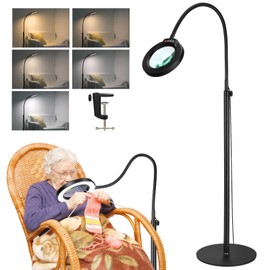 Krstlv 10X Magnifying Glass with Light and Stand, 24" Flexible Gooseneck Magnifying Floor Lamp, 3-in-1 LED 5 Color Modes Stepless Dimmable Lighted Magnifier Hands Free for Close Work, Hobby, Reading