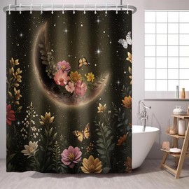 PEDBANRO Moon Shower Curtain Floral Butterfly Flower Mysterious Fabric Shower Curtains Black Starry Night Plant Gothic Botanical Shower Curtain Bathroom Accessories 72x72 Inches