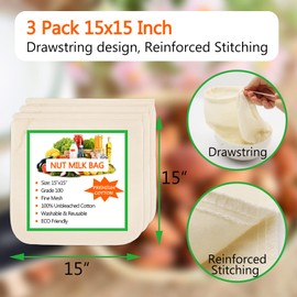 3 Pack Nut Milk Bag 15"x15", Cheesecloth bags for Straining Reusable, 100% Unbleached Cotton Cloth, Almond/Oat/Soy Milk Strainer, Filter Bag for Cheese/Yogurt/Juice/Cold Brew Coffee Wine/Soup/Herbs