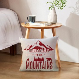 2Pack Camper Throw Pillow Covers Outdoor Adventure Mountain Forest Trees Pillowcases 18 x 18 Inch The Mountains are Calling Adventure Decorative Cushion Covers for Cabin/Camper (Red)