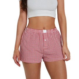 fdsmall Women's Elastic Waist Plaid Shorts Pyjamas Bottoms Loungewear Summer Beach Shorts Striped Wide Leg Boxer Shorts, red, S