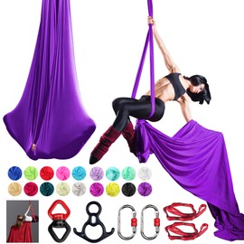 PRIORMAN Aerial Silks Set, Premium Ariel Yoga Hammock 9 Yards Aerial Silk, Low-Stretch Fabric, Yoga Starter Kit for Home, Aerial Rig for All Skill Levels - All Hardware Included (Dark Purple)