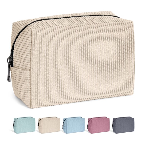 Maange Cosmetic Bags for Women Small Makeup Bag for Purse Corduroy Makeup Pouch Travel Makeup Bag with Metal Zipper Make Up Bag for Travelling(Beige)