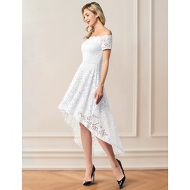Dressystar Women's Lace Cocktail Dress Hi-Lo Off Shoulder Bridesmaid Swing Formal Party Dress 0042 White L