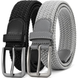 DOOPAI Elastic Braided Belt for Men 2 Pack, Stretch Woven Belt, casual Fabric Golf Belt, Black and Grey Belts Tight Performed Stretch Design Width 1 3/8" for golf pants jeans, Gift Box