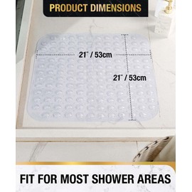 HITSLAM Square Shower Mat Non Slip Anti Mould, 53 x 53cm Bath Mat for Tub with Suction Cups and Drain Holes, Machine Washable Bathroom Anti Slip Shower Mat, Soft on Feet, Clear