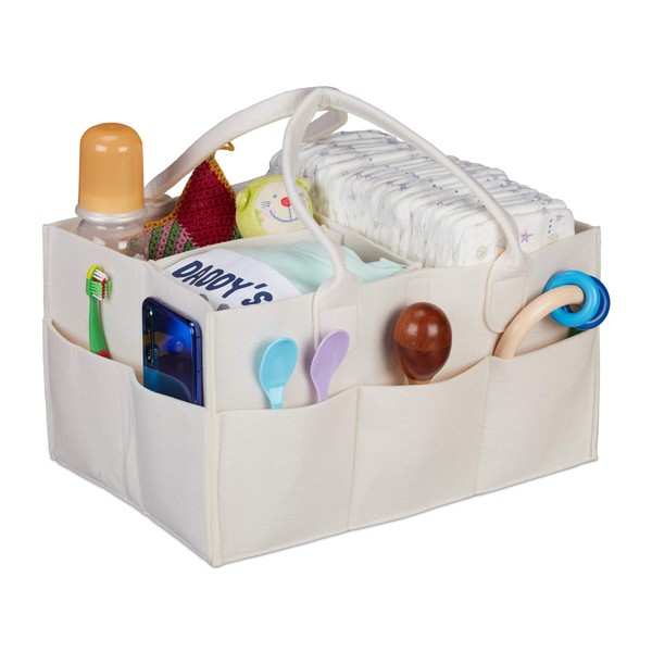 Relaxdays Baby Nappy Caddy, 11 Compartments, Removable Divider, Portable Felt Bag, Car & Changing Table Organiser, Beige