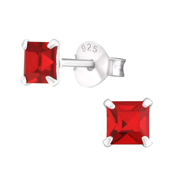 Bungsa Women's Stud Earrings Square with Red Crystal 925 Sterling