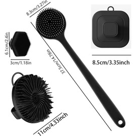 4 pcs Cepillo de Baño de Silicona, cepillo de limpieza de espalda de mango largo, cepillo de baño corto, cepillo para lavar el pelo y cepillo para lavar la cara, herramientas de limpieza (black)