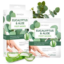 Skin 2.0 Eucalyptus and Aloe Foot Masks Moisturizing Socks - Moisturizes Tired, Dry & Cracked Feet, Exfoliating & Hydrating Foot Mask - Cruelty Free Korean Skin Care For All Skin Types - 3 Pairs