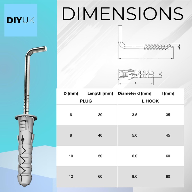 L Square Hook with M8 x 40mm Wall Plug (Pack