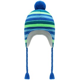 JANGANNSA Winter Peruvian Hat Earflap Fleece Lined Pompom Knit Hat Beanie for 3-10T Baby Girls, Blue-Green Stripes