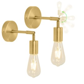 Pack of 2 Industrial Vintage Wall Lights Indoor Golden Metal Wall Lights 180° Rotatable as Wall Lamp Bedside Lights Corridor Loft Wall Lights for the Bathroom