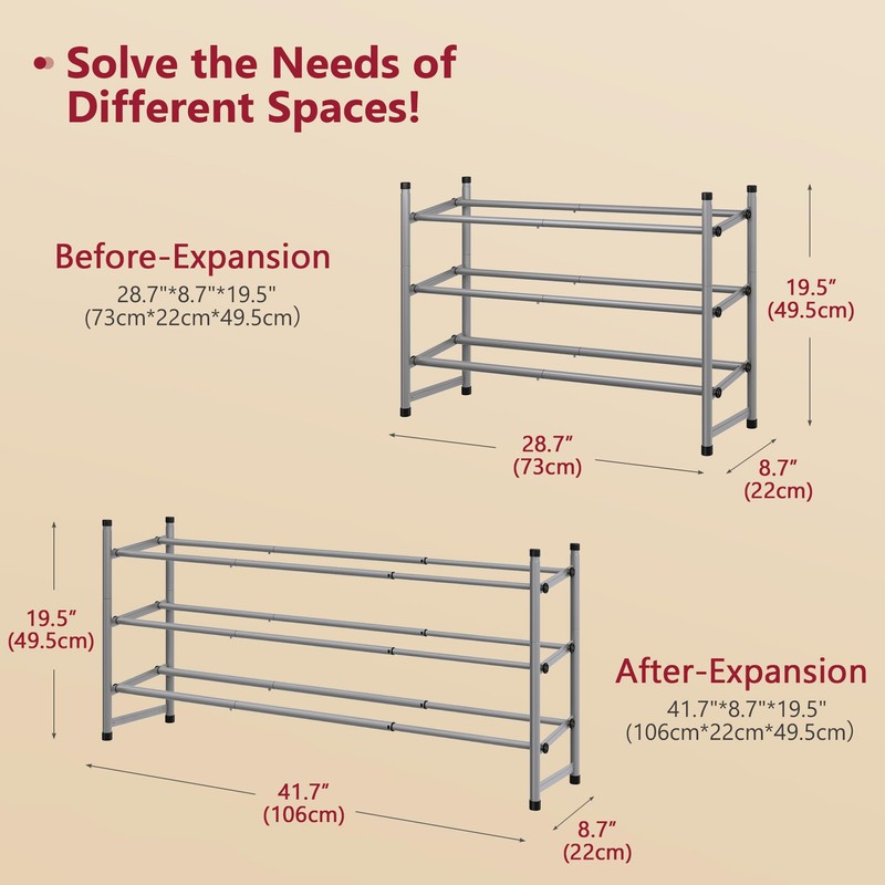 Tajsoon Expandable Shoe Rack for Closet 3 Tier, 28“-41“Adjustable &
