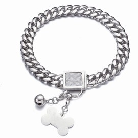 RUMYPET Silver Dog Collar 10MM/14MM/18MM Cuban Link Chain Choke Collar with CZ Buckle,Dog ID Tag and Dog Bell Sturdy Chew Proof for Puppy American Pitbull German Shepherd(18mm,12inch)