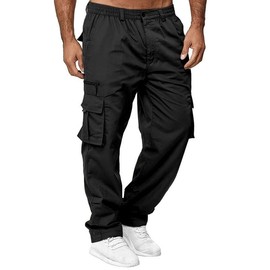 THWEI Mens Cargo Pants Casual Cotton Jogger Multi Pockets Outdoor Hiking Work Sweatpants Black XL