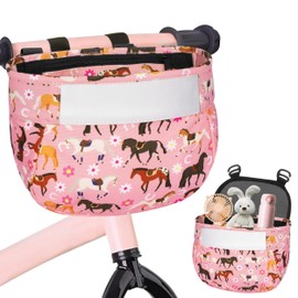 Kids Bike Basket Front Handlebar Bicycle & Scooter Bag for Boys Girls Toddlers Waterproof Fabric, Reflective Strips, Durable Zipper Pocket, Easy Install, Scooter or Bike Accessories(Pink Horse)