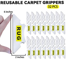Rug Non Slip Grippers, Reusable Rug Corner Tape Pads for Hardwood Floors and Tiles, Strong Firmly Carpet Tape for Area Rugs, Removable and No Residue on Floor, 32Pcs