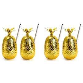 4 Pack Pineapples Drink Cups, 450Ml Gold Pineapples Tumbler with Stretched Straw, Hawaiian Luau Cups
