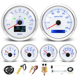 MH 6 Boat Gauge Set - 3-3/8" GPS Speedometer, Tachometer, 2-1/16" Oil Pressure Gauge, Fuel Level, Water Temperature, Voltmeter AUTO Marine Meter Kit with Sensor Alarm 7 Color (White)