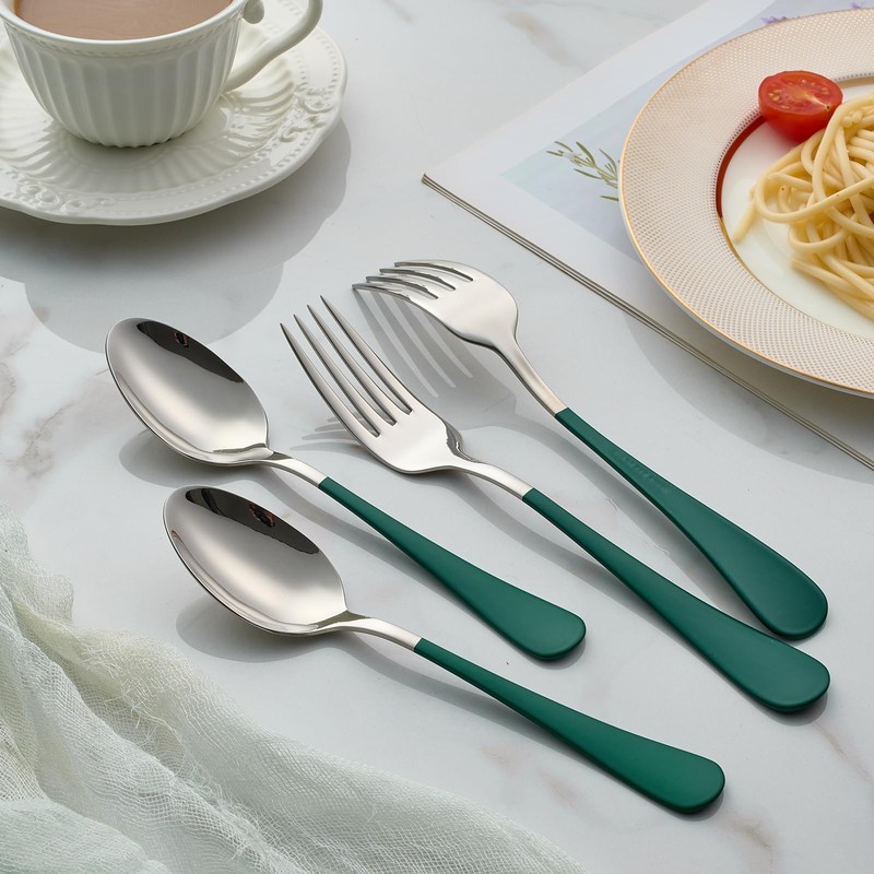 Onlycooker 24 piece Green Forks and Spoons Silverware Set,Green Handle