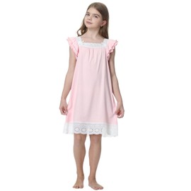 BAIYIXIN Kids Girls' Princess Nightgown Lace Sleeveless Full Length Dress 3-13 Years, Off White 001-pink