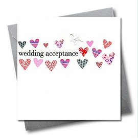 Claire Giles Greeting Cards, Wedding Acceptance Card, Hearts design Wedding Greeting Card, Embellished with a Fabric Butterfly